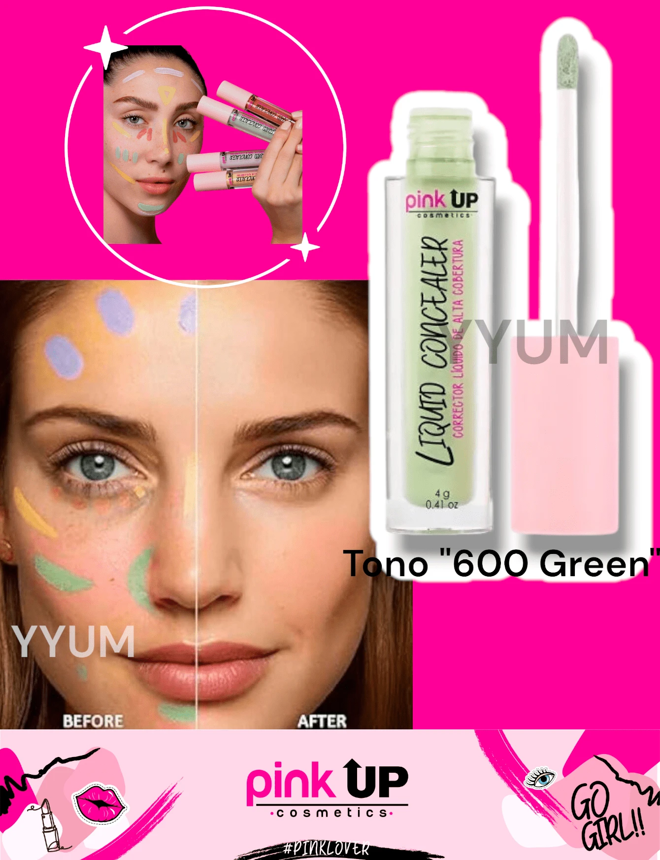 Corrector líquido Pink Up ORIGINAL Liquid concelear Corrector líquido de alta cobertura - Tono "600 Green" - Ver 1