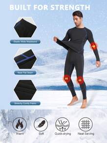 男士保暖内衣、上衣和裤子套装，男士长裤，带保暖内衬狩猎装备底层裤子 - 黑色 - 查看 5