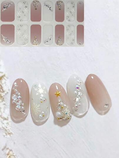 Pegatinas de arte de uñas de árbol de Navidad de diamante 3D en color almendra, joyería de uñas DIY combinada para uñas navideñas