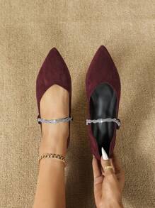 女士时尚百搭舒适平底尖头一脚蹬鞋，适合所有季节的礼服 - 酒紅色 - 查看 9