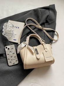 1pc Fashion Minimalist Lock Decor PU Tote Bag Crossbody Shoulder Handbag With Scarf, Suitable For Daily Use - Beige - View 5