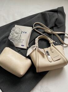 1pc Fashion Minimalist Lock Decor PU Tote Bag Crossbody Shoulder Handbag With Scarf, Suitable For Daily Use - Beige - View 4