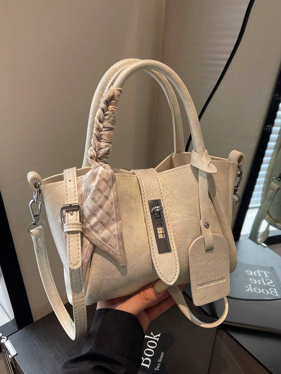 1pc Fashion Minimalist Lock Decor PU Tote Bag Crossbody Shoulder Handbag With Scarf, Suitable For Daily Use - Beige - View 1