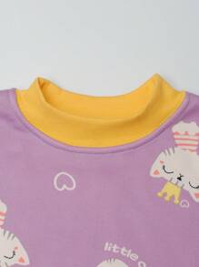 Tween 女童卡通猫印花加厚家居服套装，女童秋冬季保暖睡衣内衣 - 紫色 - 查看 3