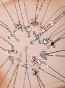 5pcs Fashionable Set: Rhinestone Angel Wing, Heart, Pink Diamonds, Minimalist Celestial Necklaces (Cross, Butterfly, Hearts, Moon, Stars, Swords) For Women