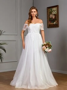 Elegant Solid Color Embroidery Mesh Off Shoulder Wedding Dress,Bride - White - View 2
