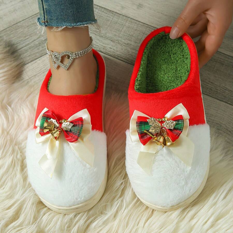 Dép đi trong nhà/ngoài trời ấm áp chống trượt hình chuông và nơ dễ thương phong cách Giáng sinh - Nơ màu be - Xem 1