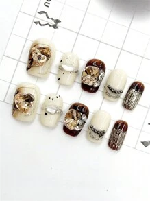 10 件/套 DIY 手工制作的简约百搭手绘图案，复古香槟色心形水钻搭配手工制作的三维形状，打造优雅精致的风格，包括短方形假指甲、1 件果冻凝胶和 1 件指甲锉，非常适合日常生活和派对装扮按压指甲美甲用品（显示卡随机） - 彩色 - 查看 3