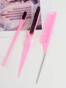 3pcs/Set Hairdressing Tools: 3-Row Bristle Brush, Tail Comb, Eyebrow Brush For Teasing, Highlighting, Hair Braiding ,Hair Styling Tools Hair Accessories - Pink - View 8