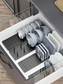 Estantería con partición antideslizante para cajones de cocina para almacenar platos y vajilla, rejilla de escurridor de utensilios, organizador de almacenamiento multifuncional y portátil con ranura para tarjetas, estantería de combinación libre para el hogar - Multicolor - Ver 3