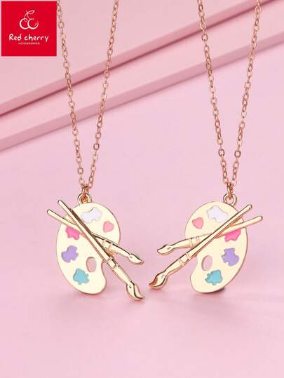 2pcs/Set Girls Zinc Alloy Plated Gold Colorful Drip-Oil Paint Palette & Brush Pendant Necklace Set, Suitable For Casual Wear And Gift To Friends