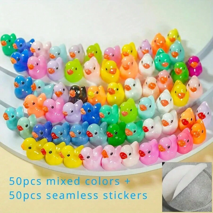 100 件（50 件混合鸭子模型 + 50 件双面贴纸），派对礼品和微型装饰品，生日派对礼物，小雕像，仪表板装饰 - 彩色 - 查看 1