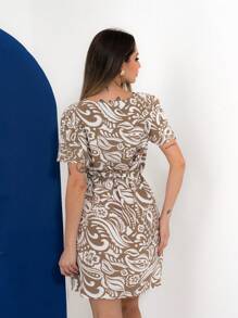 Short Loose Printed Dress With Belt 2183 - Màu Khaki - Xem 8