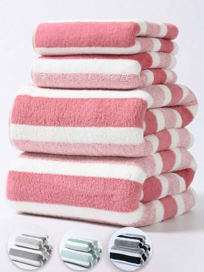 1pc/2pcs/8pcs Simple Wide Stripe Coral Fleece Soft Absorbent No-Shedding (Light & Thin) Convenient Retail/Gift Bathroom Set, Adult Couple Bath Wrap, Face Towel, Bath Towel 34*34, 70*140 Or 34*75, 90*170 Back To School For Beauty Salon Home Bathroom Shower Towels For Beaty Salon, Hotel Sports,Home Essentials, Towel, Skin Care