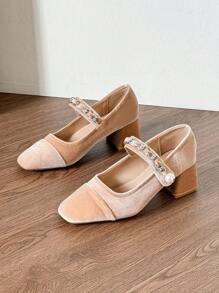 HanDuEke Women's New Mary Jane High Heels, Apricot Velvet Thick Heel Pearl Button Pumps