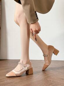 HanDuEke Women's New Mary Jane High Heels, Apricot Velvet Thick Heel Pearl Button Pumps