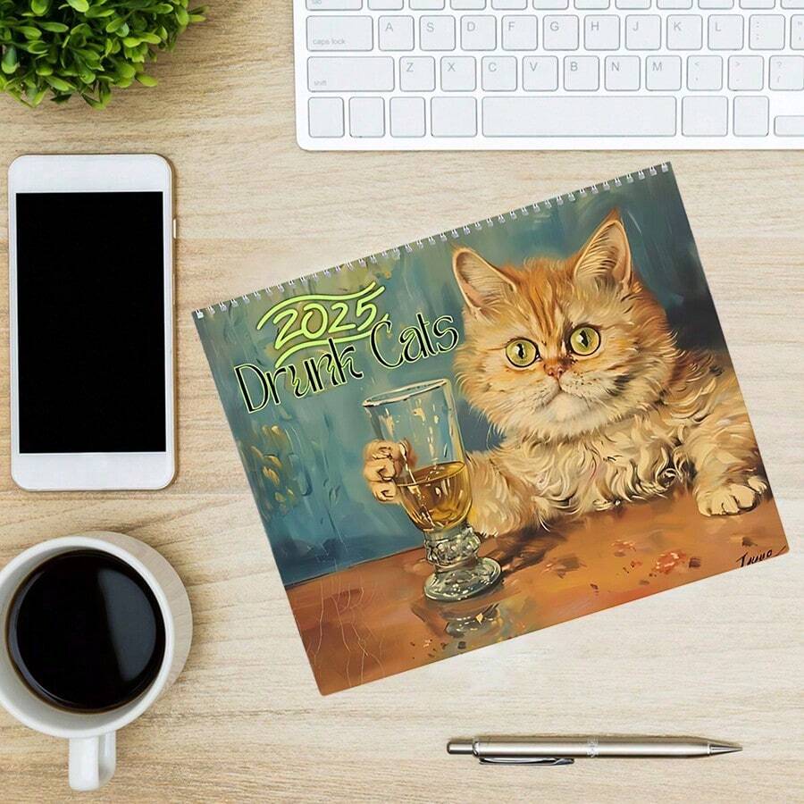 2025 Painted Cat Wall Calendar, Drinking Cat Wall Calendar, Vintage Cat