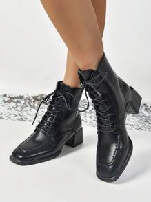 Botas de media caña con cordones y punta puntiaguda para mujer, Otoño/Invierno 2025 - Negro - Ver 4