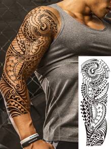 1 张超大全臂尺寸人体艺术临时纹身贴纸，男女皆宜，黑色黑色力量毛利图腾图案，防水假袖纹身，持续 2-5 天，遮盖疤痕，可用于手臂手腕肩腿腰颈手胸部大腿手指，最佳朋友情侣派对纹身 - 黑色 - 查看 1