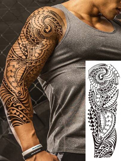 1 ark Extra stora kroppskonst i full arm Tillfälliga tatueringsklistermärken för män och kvinnor, svart svart power maori-totemmönster, vattentäta falska ärmar tatueringar, varar 2-5 dagar, täcker ärr, kan användas på armar Handled Axlar Ben Midja Hals Hand Bröst Lår Finger, Bästa vän Par Party Tatuering