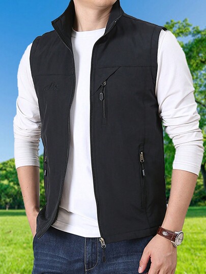1pc Men's Outdoor Sports Stand Collar Vest With Embroidery, Comfortable Fishing Jacket For Summer