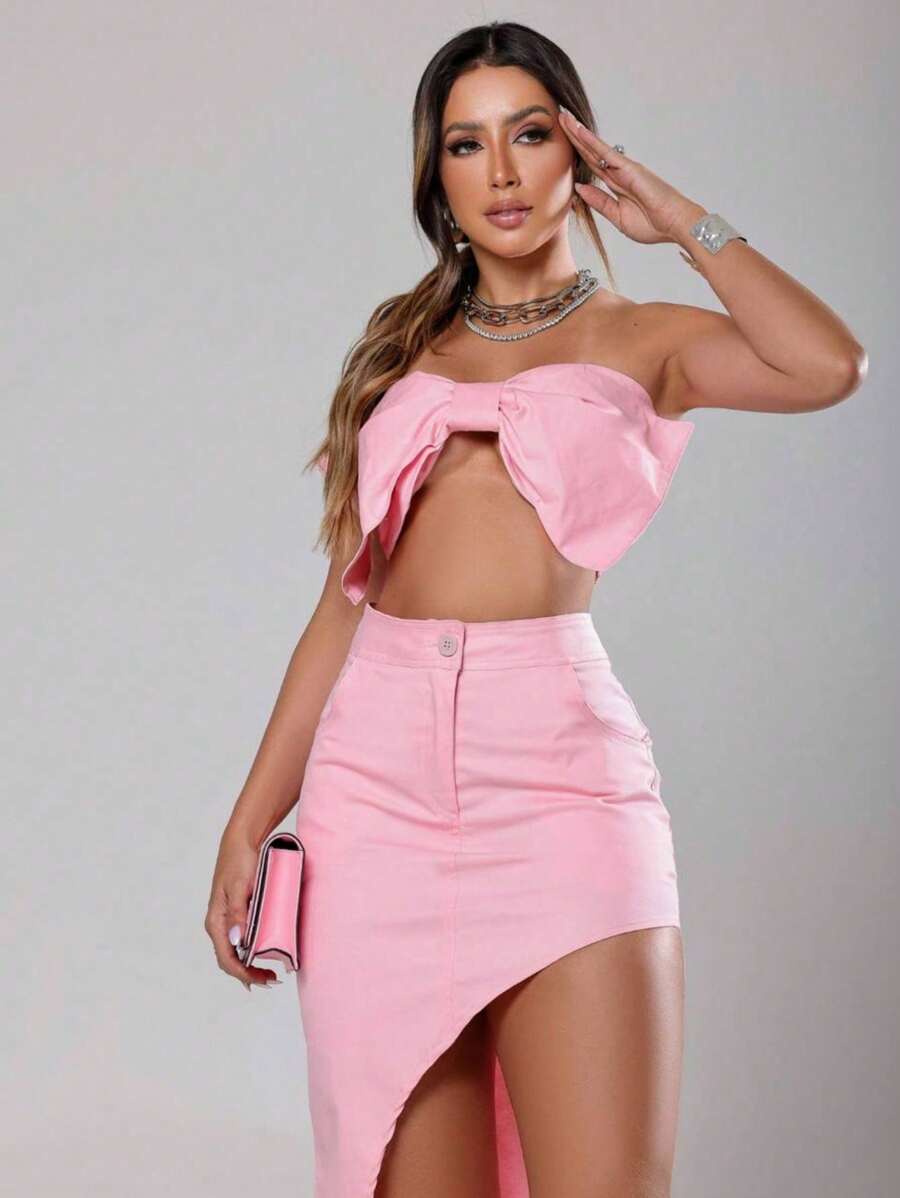 Set For Casual Events Elegant Parties Chic Modern Cropped Strapless Model Beautiful Bow With Long Skirt High Waist With Button Tailored Fabric - 淺粉色 - 查看 1
