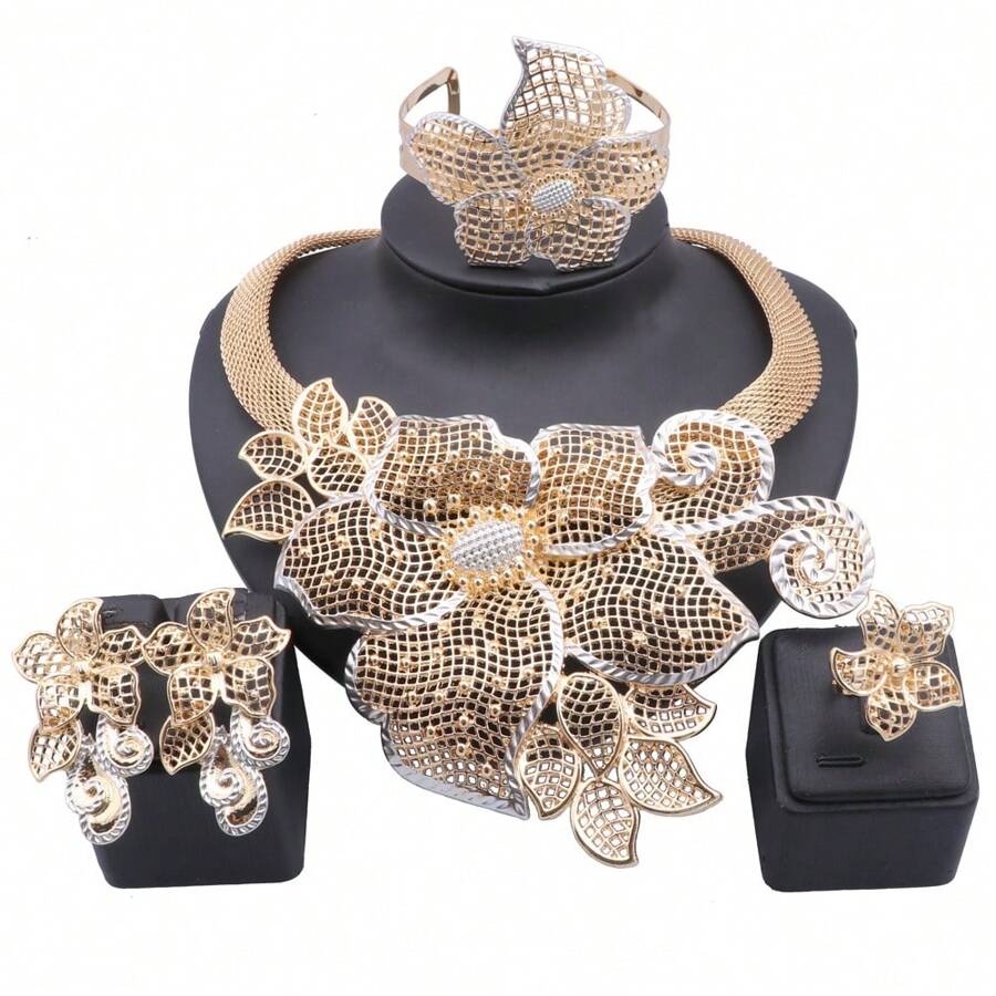 Phụ kiện cưới cô dâu mạ vàng Vòng cổ hoa Hoa tai Nhẫn Vòng tay Bộ trang sức dạ hội