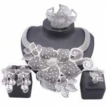 Phụ kiện cưới cô dâu mạ vàng Vòng cổ hoa Hoa tai Nhẫn Vòng tay Bộ trang sức dạ hội - bộ 4 món - Xem 7