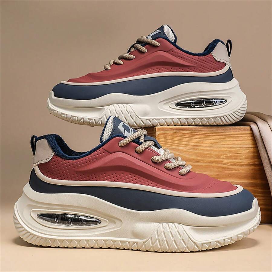 男士冬季厚款保暖内衬厚底运动鞋，轻便舒适防滑休闲运动训练鞋，时尚系带百搭大码鞋 - 紅色 - 查看 1