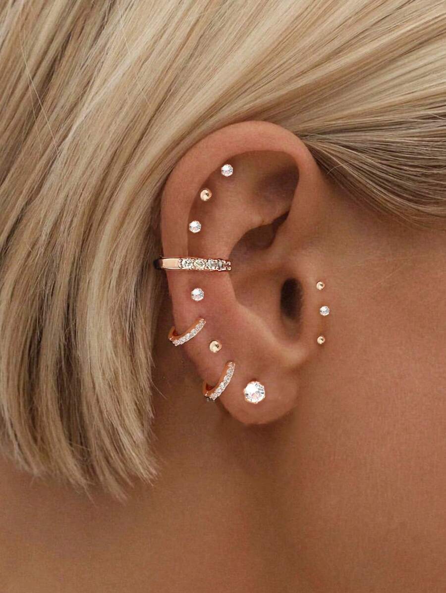 Set Of 12pcs Earrings: 2pcs Fully Paved Cubic Zirconia Hoop, 1pc Cubic Zirconia Ear Cuff, 9pcs Cubic Zirconia Stud Earrings - Rose Gold - View 1