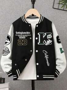 Tween Boy 1pc Casual Exercise Color Block Cardigan Baseball Jacket, Fall/Winter - Black - View 2