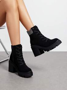 Women's High Platform Lace Up Ankle Boots, Featuring A Patchwork Design, Block Heel Combined With Ankle Height Elegantly Perfect For Work And Everyday Autumn/Winter Style - Nubuck đen - Xem 2