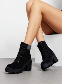 Women's High Platform Lace Up Ankle Boots, Featuring A Patchwork Design, Block Heel Combined With Ankle Height Elegantly Perfect For Work And Everyday Autumn/Winter Style - Nubuck đen - Xem 3