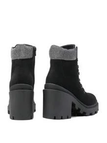 Women's High Platform Lace Up Ankle Boots, Featuring A Patchwork Design, Block Heel Combined With Ankle Height Elegantly Perfect For Work And Everyday Autumn/Winter Style - Nubuck đen - Xem 6