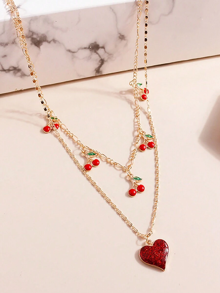 1 mặt dây chuyền hình trái tim kim loại lấp lánh dễ thương cho bé gái, dây chuyền hai lớp - Nhiều màu - Xem 1