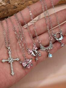 5pcs Fashionable Set: Rhinestone Angel Wing, Heart, Pink Diamonds, Minimalist Celestial Necklaces (Cross, Butterfly, Hearts, Moon, Stars, Swords) For Women