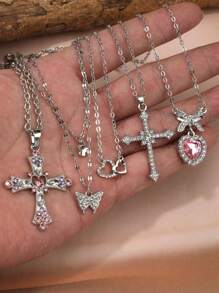 5pcs Fashionable Set: Rhinestone Angel Wing, Heart, Pink Diamonds, Minimalist Celestial Necklaces (Cross, Butterfly, Hearts, Moon, Stars, Swords) For Women
