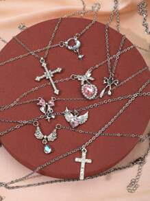 5pcs Fashionable Set: Rhinestone Angel Wing, Heart, Pink Diamonds, Minimalist Celestial Necklaces (Cross, Butterfly, Hearts, Moon, Stars, Swords) For Women