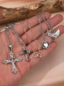 5pcs Fashionable Set: Rhinestone Angel Wing, Heart, Pink Diamonds, Minimalist Celestial Necklaces (Cross, Butterfly, Hearts, Moon, Stars, Swords) For Women
