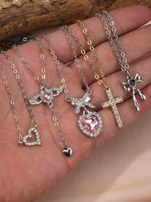 5pcs Fashionable Set: Rhinestone Angel Wing, Heart, Pink Diamonds, Minimalist Celestial Necklaces (Cross, Butterfly, Hearts, Moon, Stars, Swords) For Women