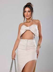 Strapless Cropped Set With Bow And Long Skirt With High Waist Party Christmas Club Chic Modern Elegant Daytime Casual For Christmas And New Year - Màu be - Xem 1