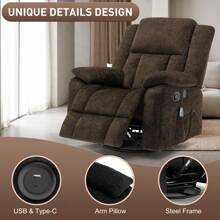 KORSER 360° Swivel Rocker Recliner Chair With Massage & Heating, Comfortable Chenille Fabric, Glider Recliner For Adults With Side Pockets & USB, Ideal For Living Room, Nursery, Bedroom,Brown - US A Type Plug(110-127V) - View 3