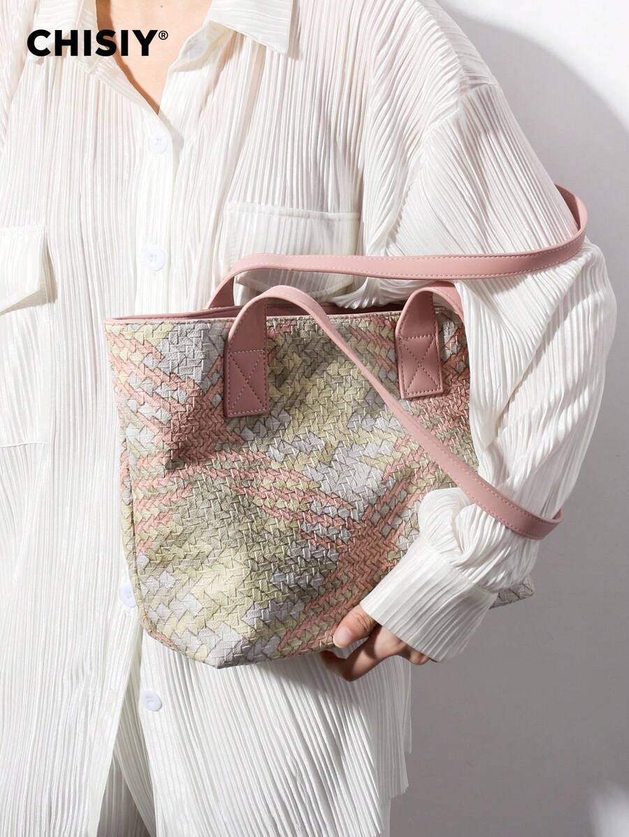 CHISIY 手工法式优雅针织多色灰色和粉色仿皮衬里面料手提包，时尚简约大容量女士办公室女士休闲学生拉链封口手提包，万圣节/圣诞节礼物，适合职业女性、大学女生，日常搭配、购物、旅行、约会 - 淺粉色 - 查看 1
