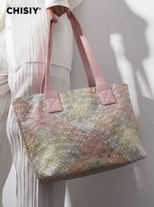 CHISIY 手工法式优雅针织多色灰色和粉色仿皮衬里面料手提包，时尚简约大容量女士办公室女士休闲学生拉链封口手提包，万圣节/圣诞节礼物，适合职业女性、大学女生，日常搭配、购物、旅行、约会 - 淺粉色 - 查看 4