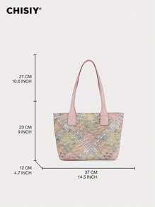 CHISIY 手工法式优雅针织多色灰色和粉色仿皮衬里面料手提包，时尚简约大容量女士办公室女士休闲学生拉链封口手提包，万圣节/圣诞节礼物，适合职业女性、大学女生，日常搭配、购物、旅行、约会 - 淺粉色 - 查看 6