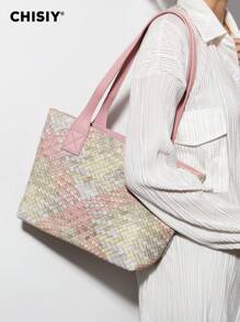 CHISIY 手工法式优雅针织多色灰色和粉色仿皮衬里面料手提包，时尚简约大容量女士办公室女士休闲学生拉链封口手提包，万圣节/圣诞节礼物，适合职业女性、大学女生，日常搭配、购物、旅行、约会 - 淺粉色 - 查看 2