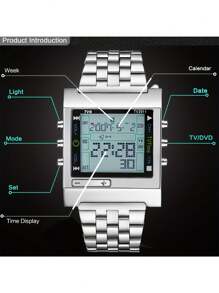 Reloj digital LED TVG para hombres, reloj de cuarzo deportivo, impermeable, de acero inoxidable plateado, con alarma, reloj de pulsera para hombres, regalo, regalo de San Valentín