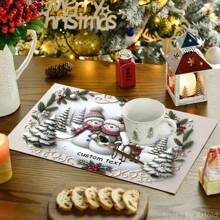 Personalised Christmas Printed Linen Placemats (Set Of 4 / Set Of 6) - Cute Snowman Printed 30*45CM/12X18IN Placemats, Tablecloths - Customised Text Design, Perfect For Christmas, New Year, Family Gatherings
