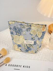 1 PC Dark Gold Embossed Large Floral Portable Back To School Halloween Make Up Bag, Fashionable And Casual Large Capacity Portable Zipper Makeup Bags, Travel And Vacation Essentials Cosmetic Bags For Sanitary Napkins, Pouch Pads, Wired Earphones, Earpods, Headphones, Charger, Lipsticks, Cosmetics, Perfume, Skin Care And Beauty Products, Home Decor