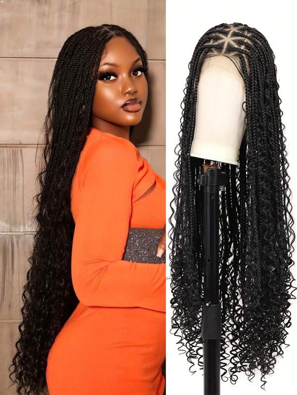 Peluca trenzada con caja de encaje elegante para mujeres - Densidad del 180%, cabello sintético resistente al calor con rizos bohemios, versátil para todos los tonos de piel